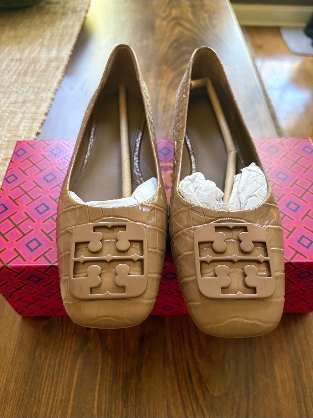 Tory Burch Croc-Embossed Logo Square-Toe Flats in Light Brown- 6